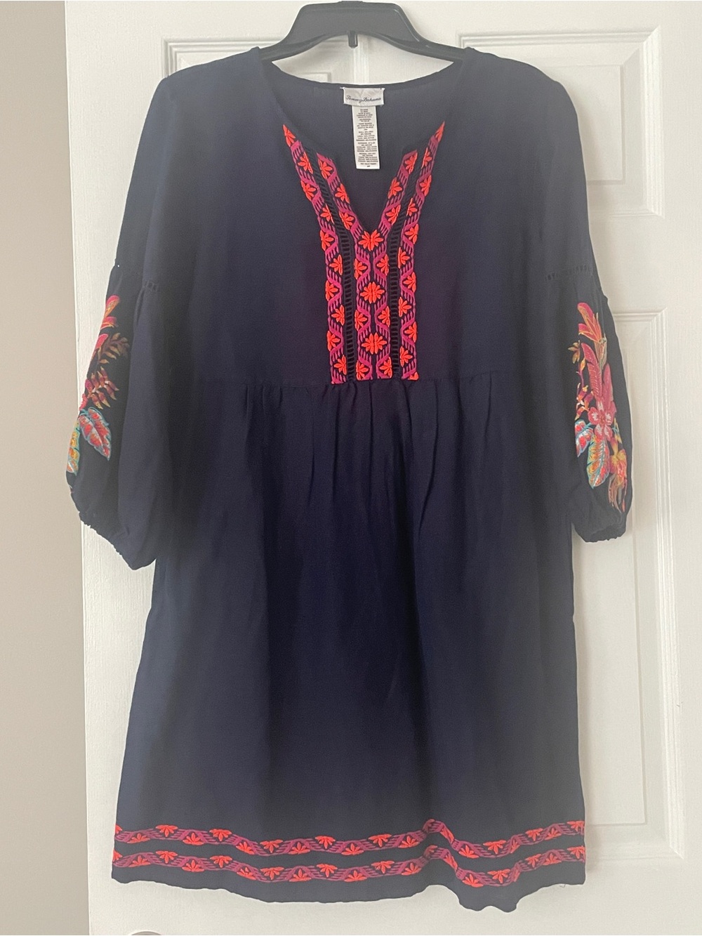 Tommy Bahama Navy Tunic with Bright Red and Pink Embroidery